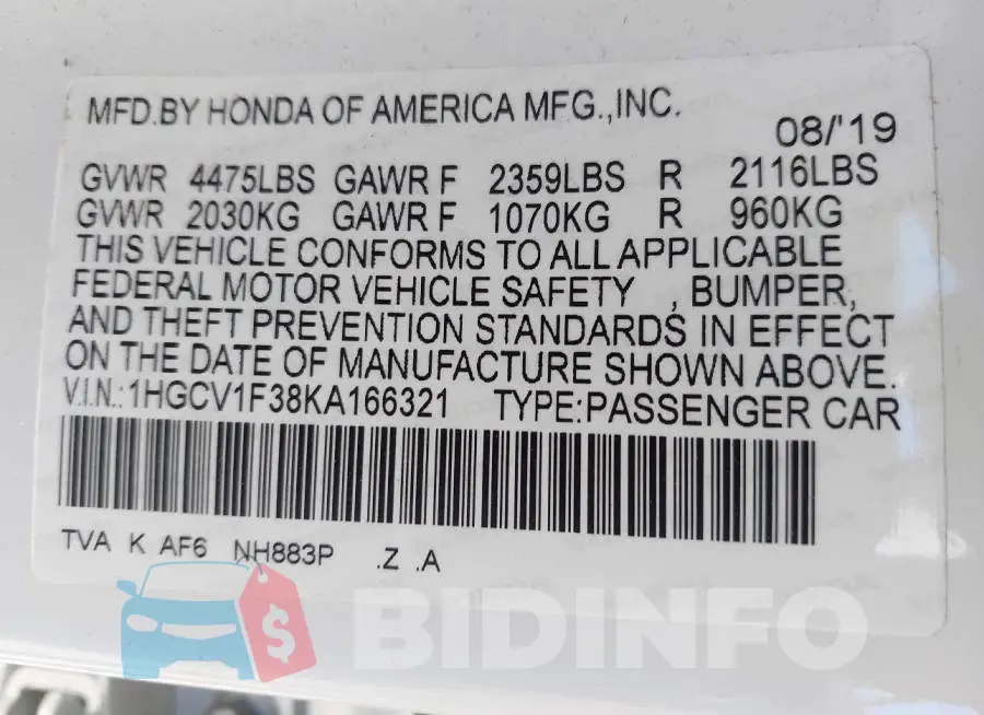 1HGCV1F38KA166321 Photo# 9
