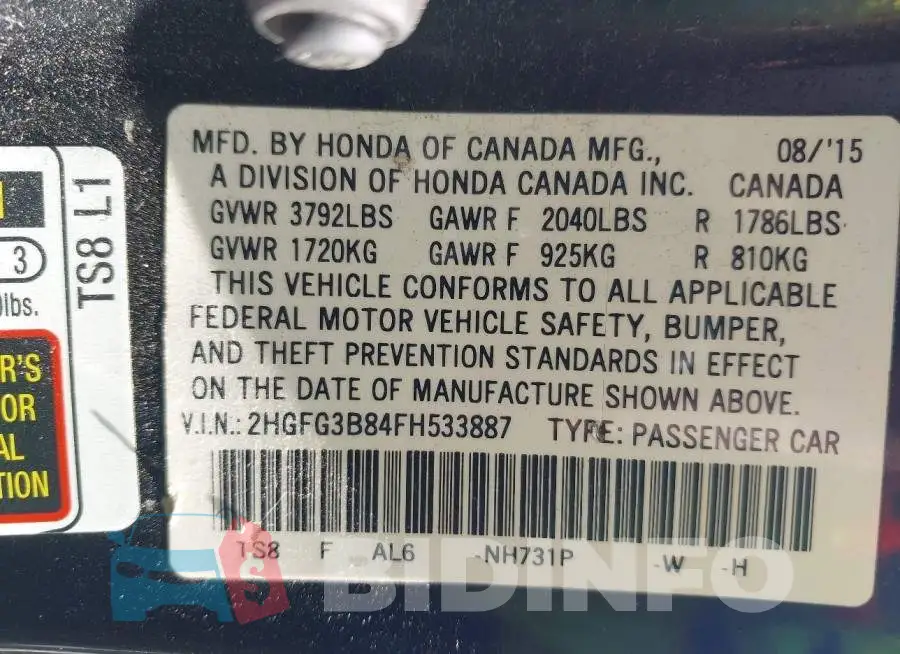 2HGFG3B84FH533887 Photo# 9