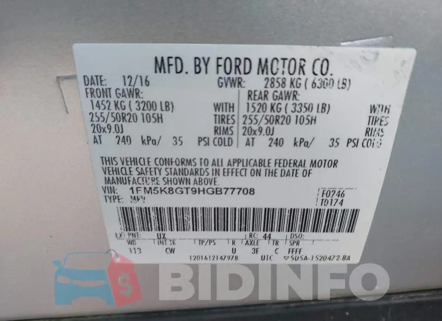 1FM5K8GT9HGB77708 Photo# 9
