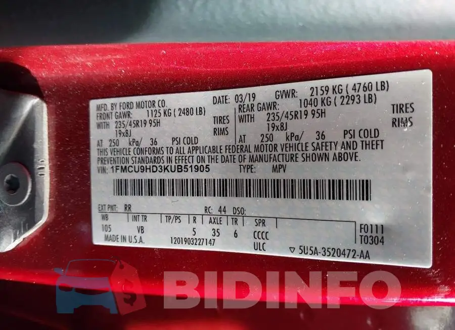 1FMCU9HD3KUB51905 Photo# 9