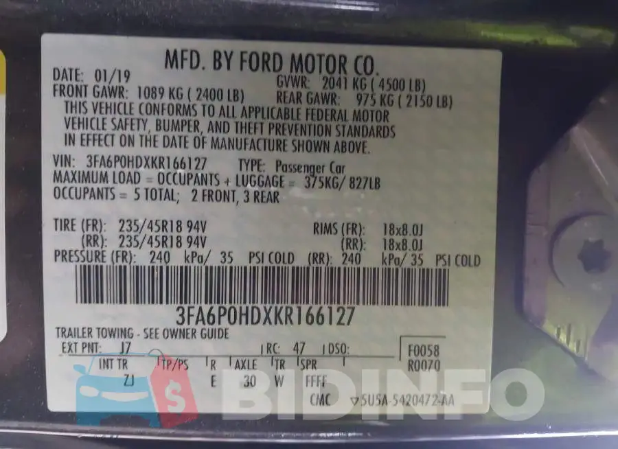 3FA6P0HDXKR166127 Photo# 9