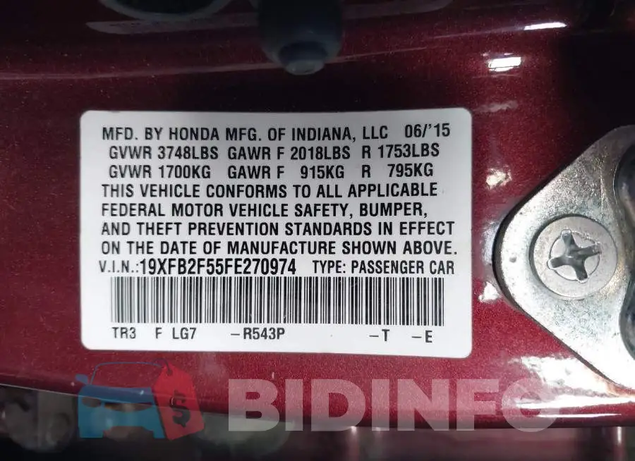 19XFB2F55FE270974 Photo# 9