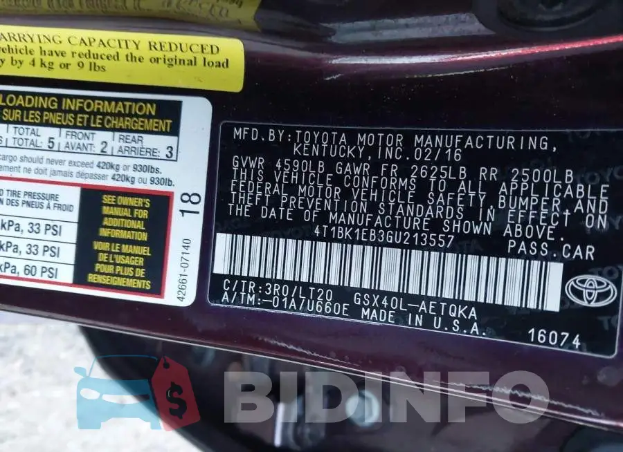 4T1BK1EB3GU213557 Photo# 9