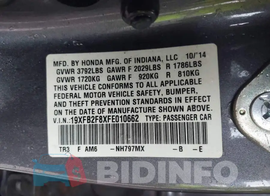19XFB2F8XFE010662 Photo# 9