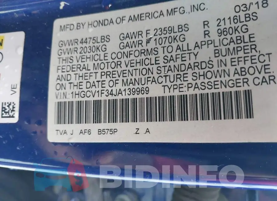 1HGCV1F34JA139969 Photo# 9