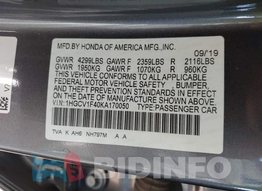 1HGCV1F40KA170050 Photo# 9
