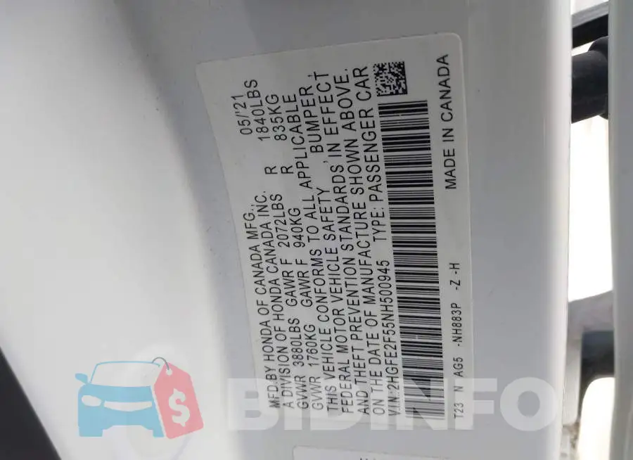 2HGFE2F55NH500945 Photo# 9