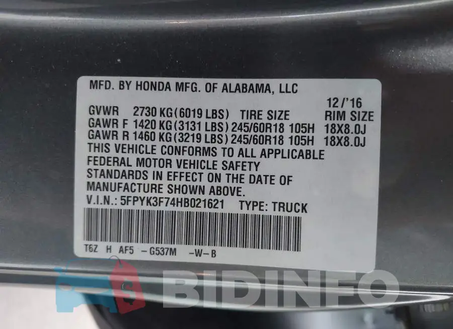 5FPYK3F74HB021621 Photo# 9