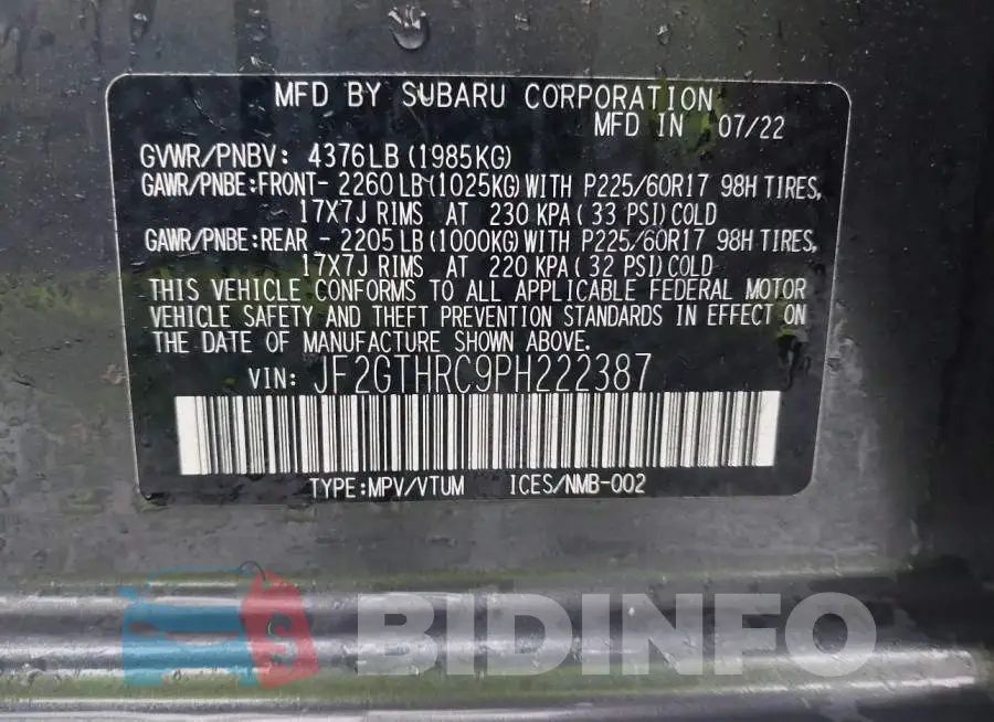 JF2GTHRC9PH222387 Photo# 9