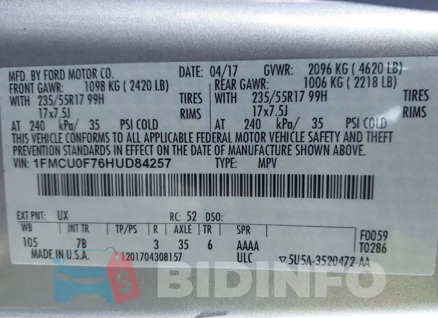 1FMCU0F76HUD84257 Photo# 9