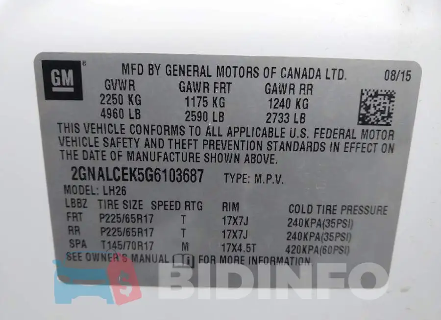 2GNALCEK5G6103687 Photo# 9