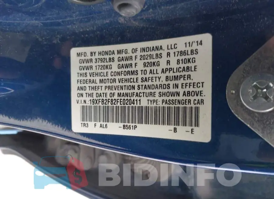 19XFB2F82FE020411 Photo# 9