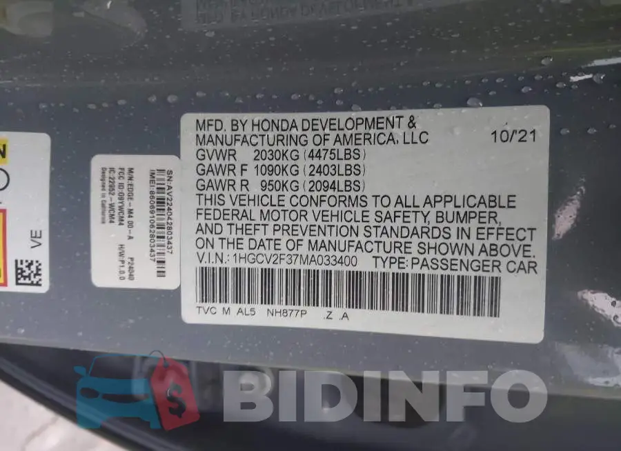 1HGCV2F37MA033400 Photo# 9