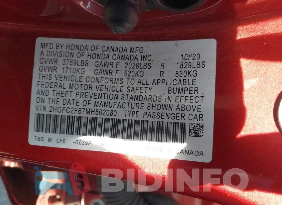 2HGFC2F67MH502080 Photo# 9
