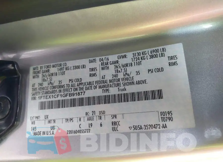 1FTEX1CF1GFB91877 Photo# 9