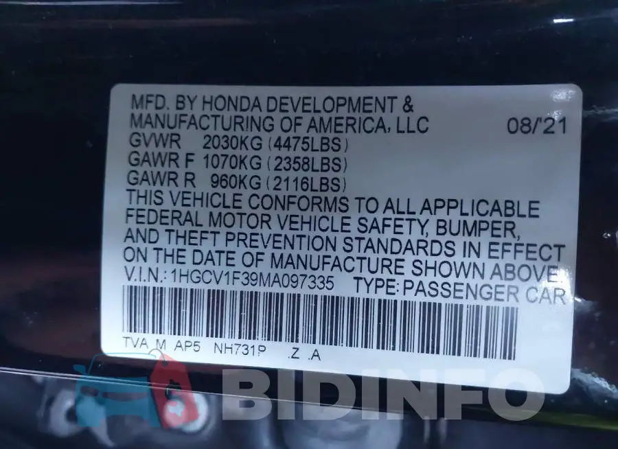 1HGCV1F39MA097335 Photo# 9