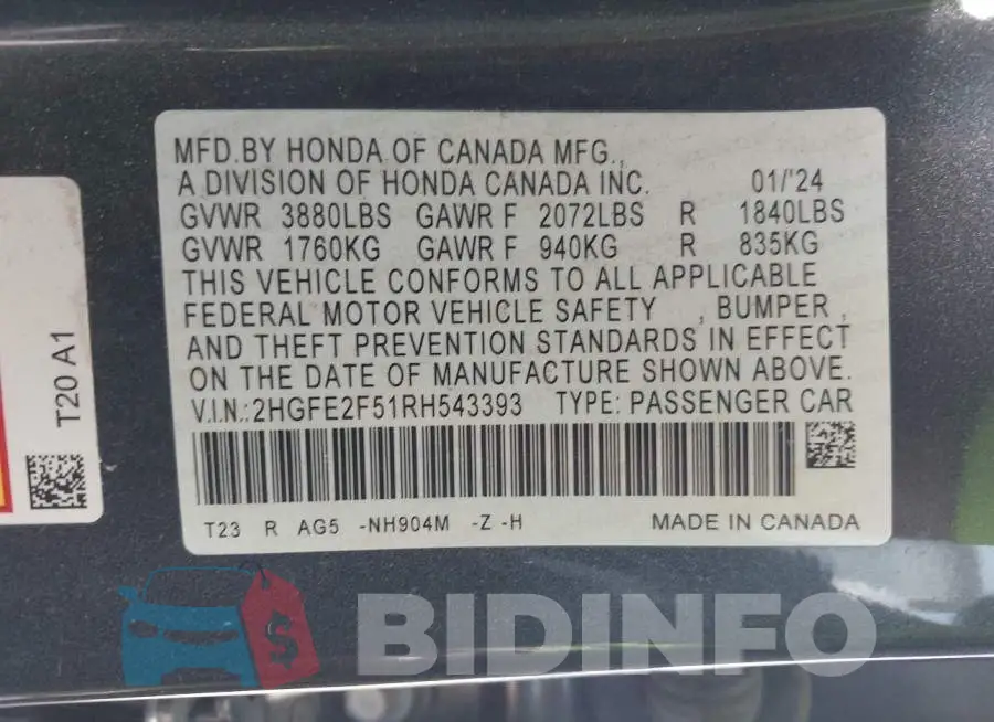 2HGFE2F51RH543393 Photo# 9