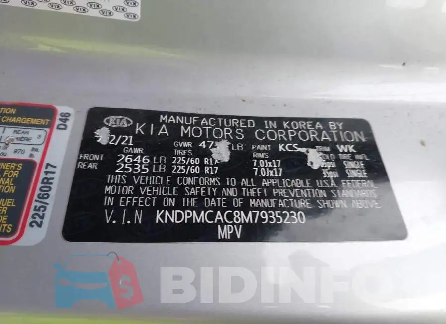 KNDPMCAC8M7935230 Photo# 9