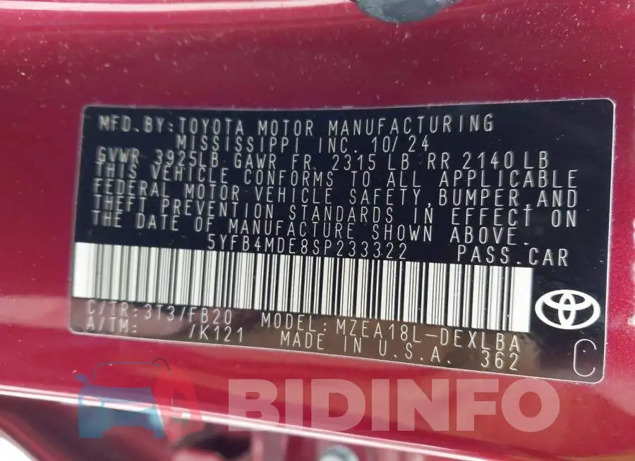 5YFB4MDE8SP233322 Photo# 9