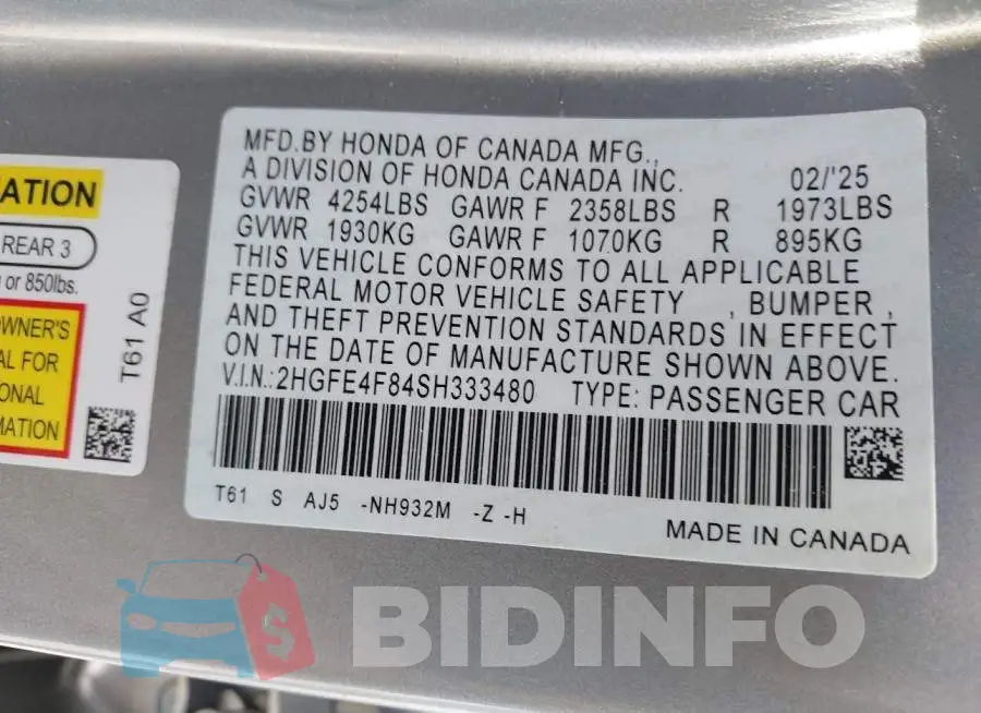 2HGFE4F84SH333480 Photo# 9