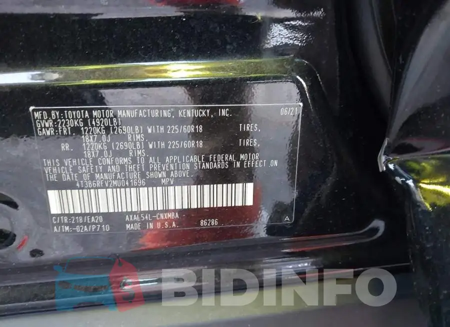 4T3B6RFV2MU041696 Photo# 9