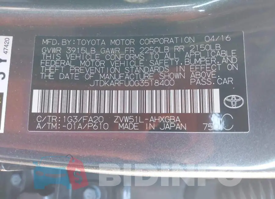 JTDKARFU0G3518400 Photo# 9