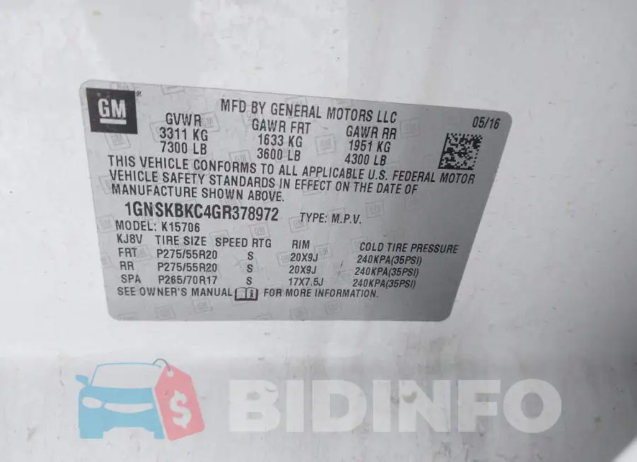 1GNSKBKC4GR378972 Photo# 9