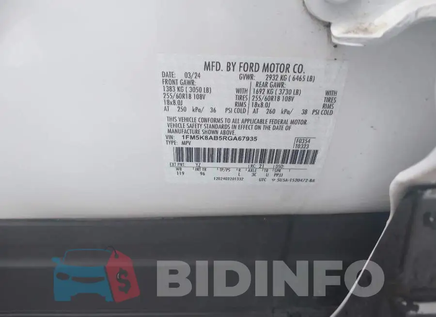1FM5K8AB5RGA67935 Photo# 9