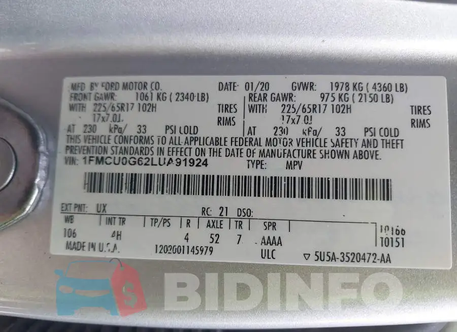 1FMCU0G62LUA91924 Photo# 9