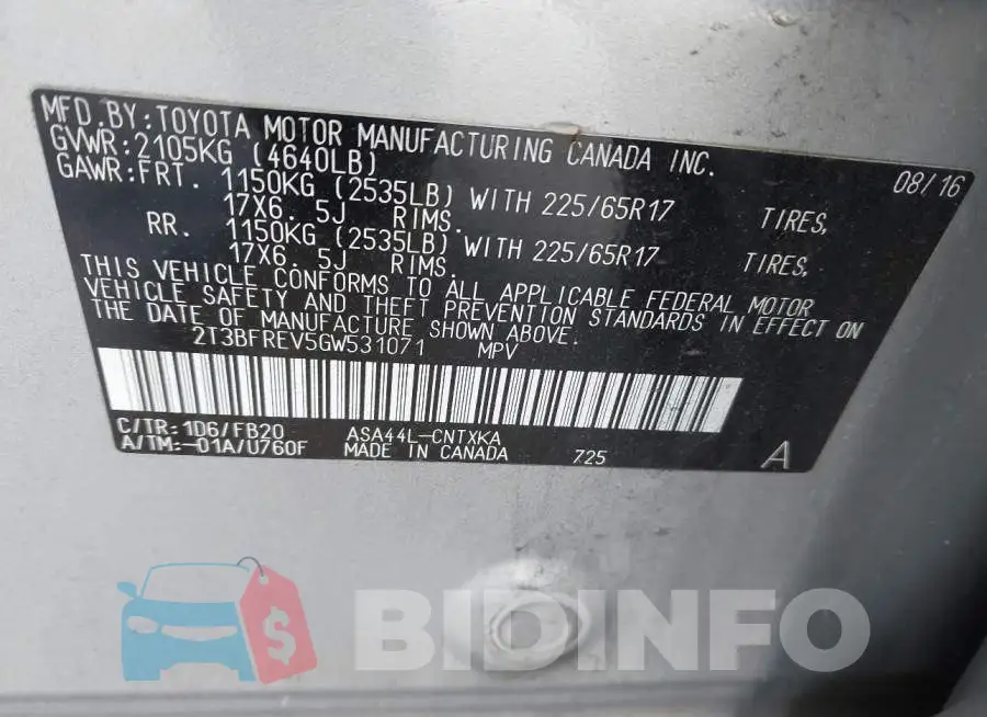 2T3BFREV5GW531071 Photo# 9