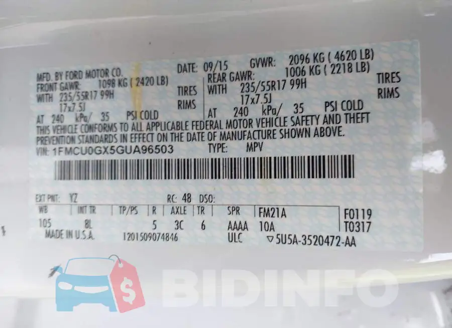 1FMCU0GX5GUA96503 Photo# 9