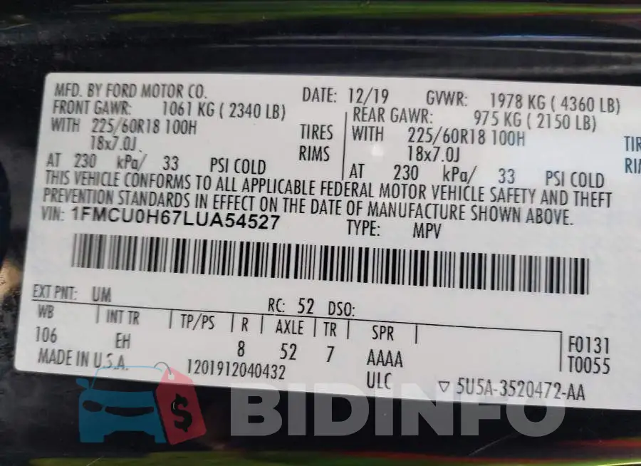 1FMCU0H67LUA54527 Photo# 9