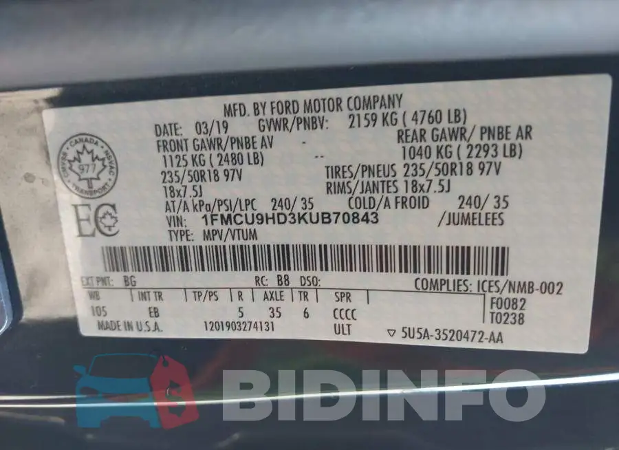 1FMCU9HD3KUB70843 Photo# 9