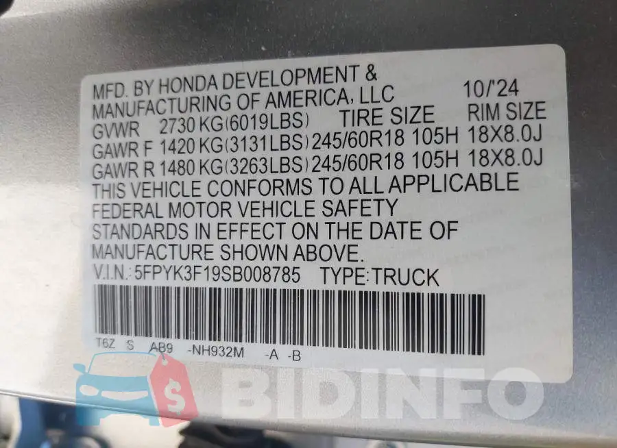 5FPYK3F19SB008785 Photo# 9