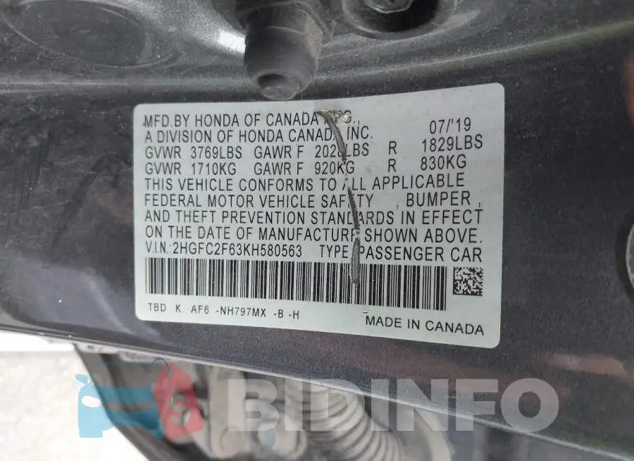 2HGFC2F63KH580563 Photo# 9