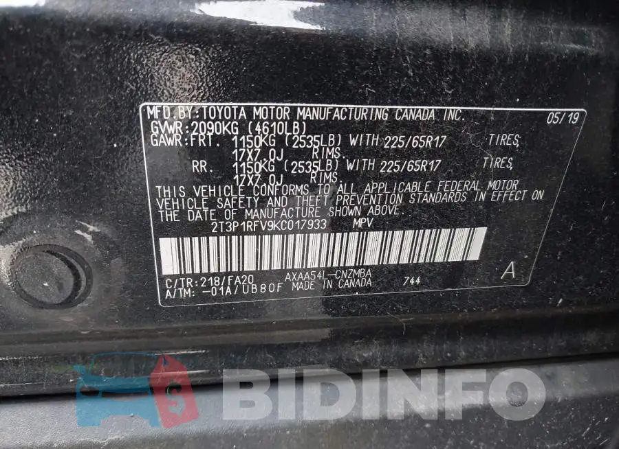 2T3P1RFV9KC017933 Photo# 9