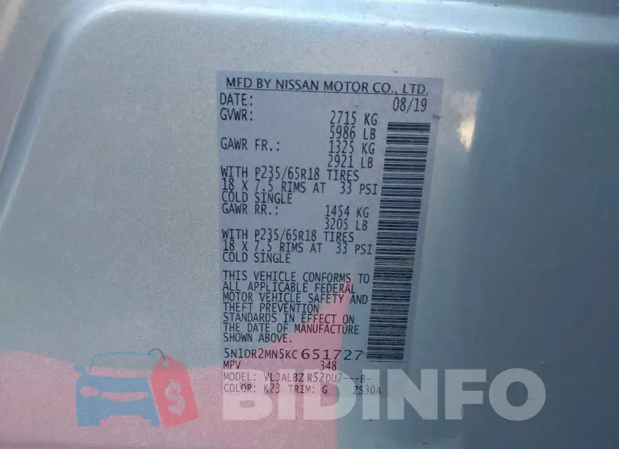 5N1DR2MN5KC651727 Photo# 9