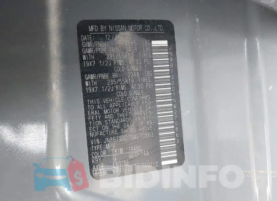 JN8BT3DD1NW270863 Photo# 9