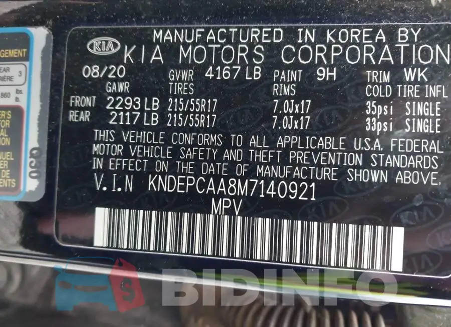 KNDEPCAA8M7140921 Photo# 9