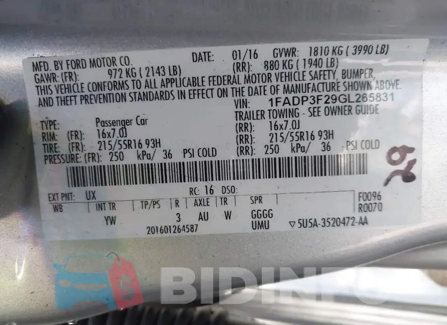 1FADP3F29GL265831 Photo# 9