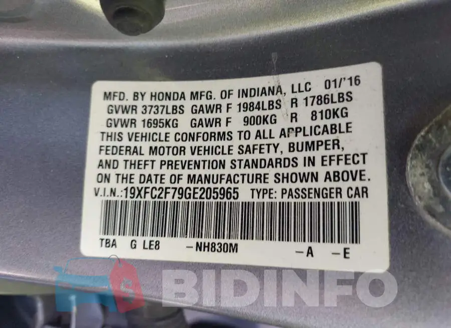 19XFC2F79GE205965 Photo# 9