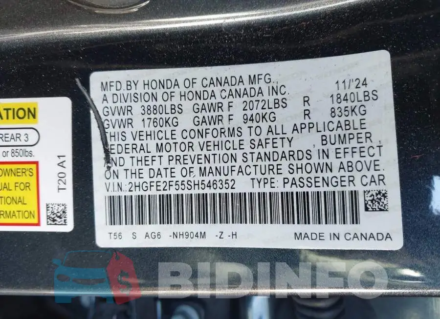 2HGFE2F55SH546352 Photo# 9