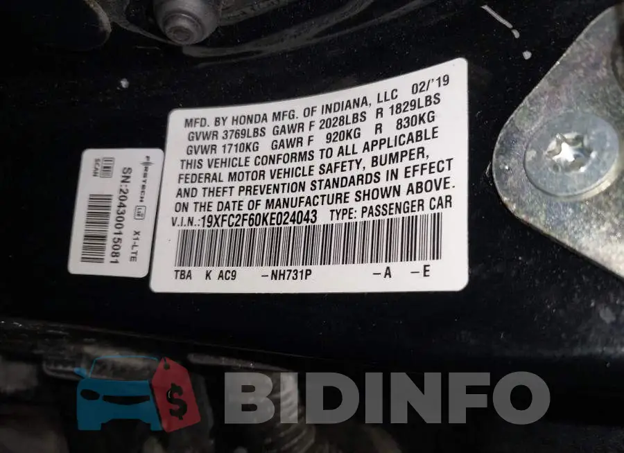 19XFC2F60KE024043 Photo# 9