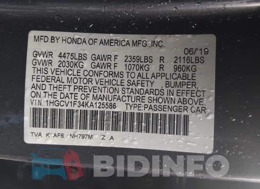 1HGCV1F34KA125586 Photo# 9