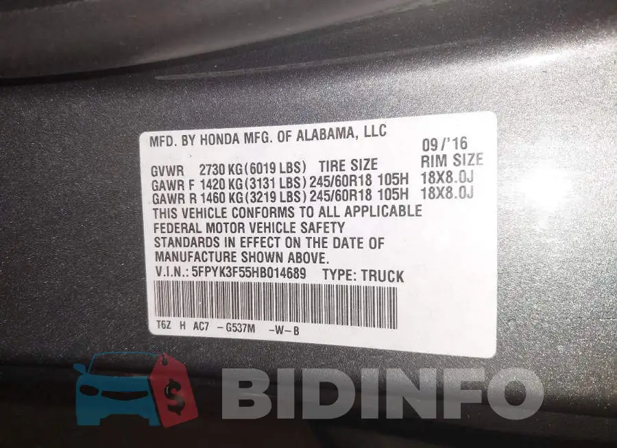 5FPYK3F55HB014689 Photo# 9