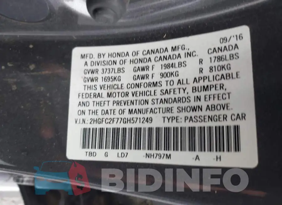 2HGFC2F77GH571249 Photo# 9