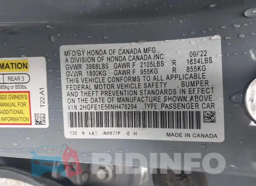 2HGFE1E56NH476294 Photo# 9