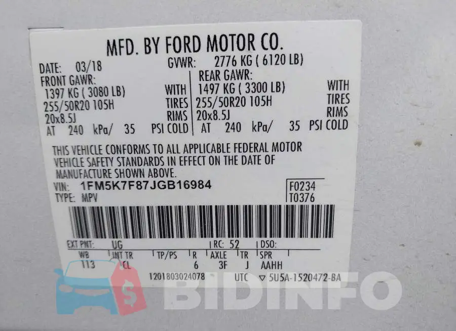1FM5K7F87JGB16984 Photo# 9