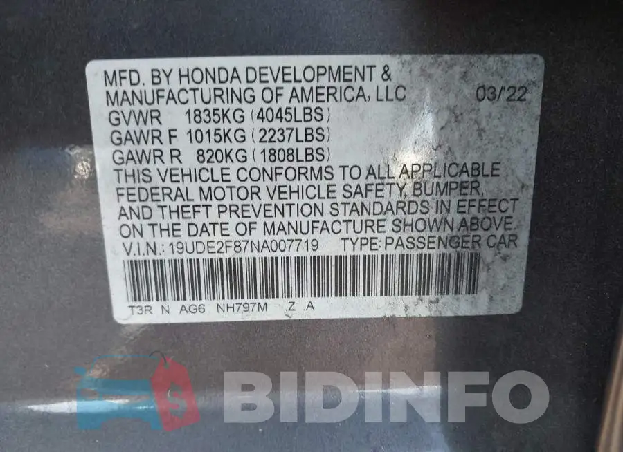 19UDE2F87NA007719 Photo# 9