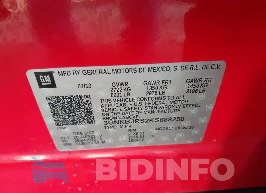 3GNKBJRS2KS688258 Photo# 9